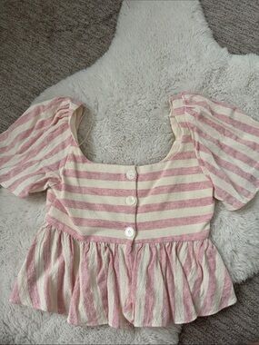 Zara Pink and Cream Striped Puff Sleeve Peplum Top